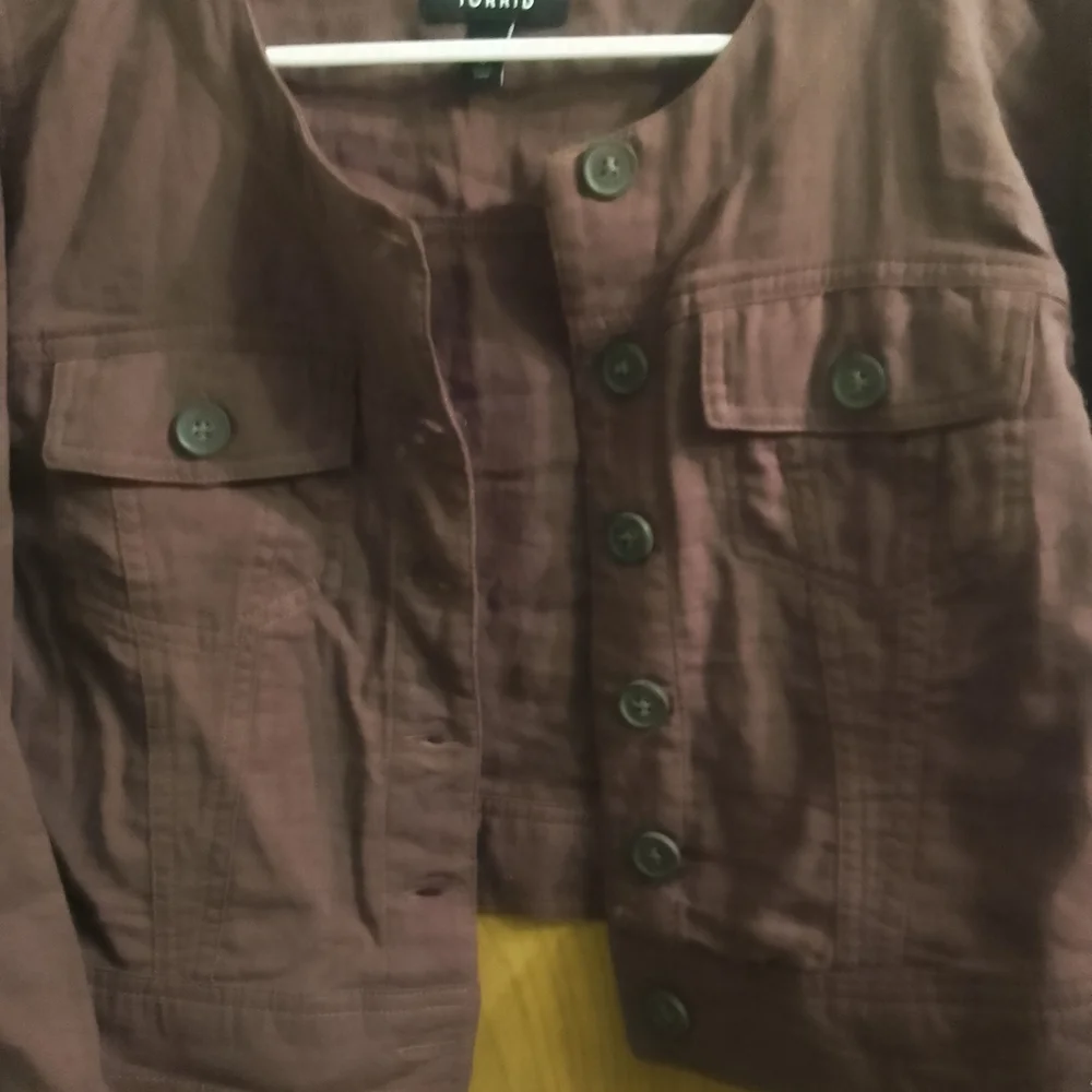 Torrid Women's Double Gauze Cropped Collarless Jacket In Spruce 3/4‎ Sleeve